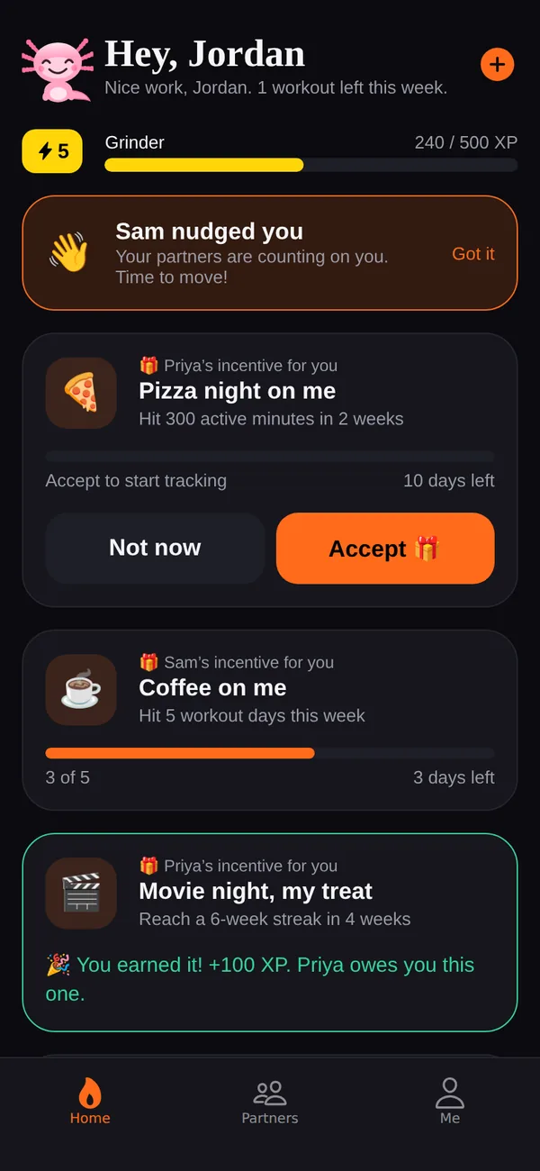 Sigamos home screen: a 6-week streak, this week's workout days, activity rings, and the last 8 weeks of active minutes